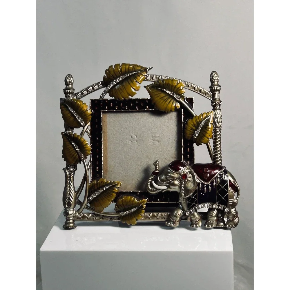 Vintage Elephant Enamel Rhinestone Picture Frame Ornate Metal Boho Decor‎ Silver